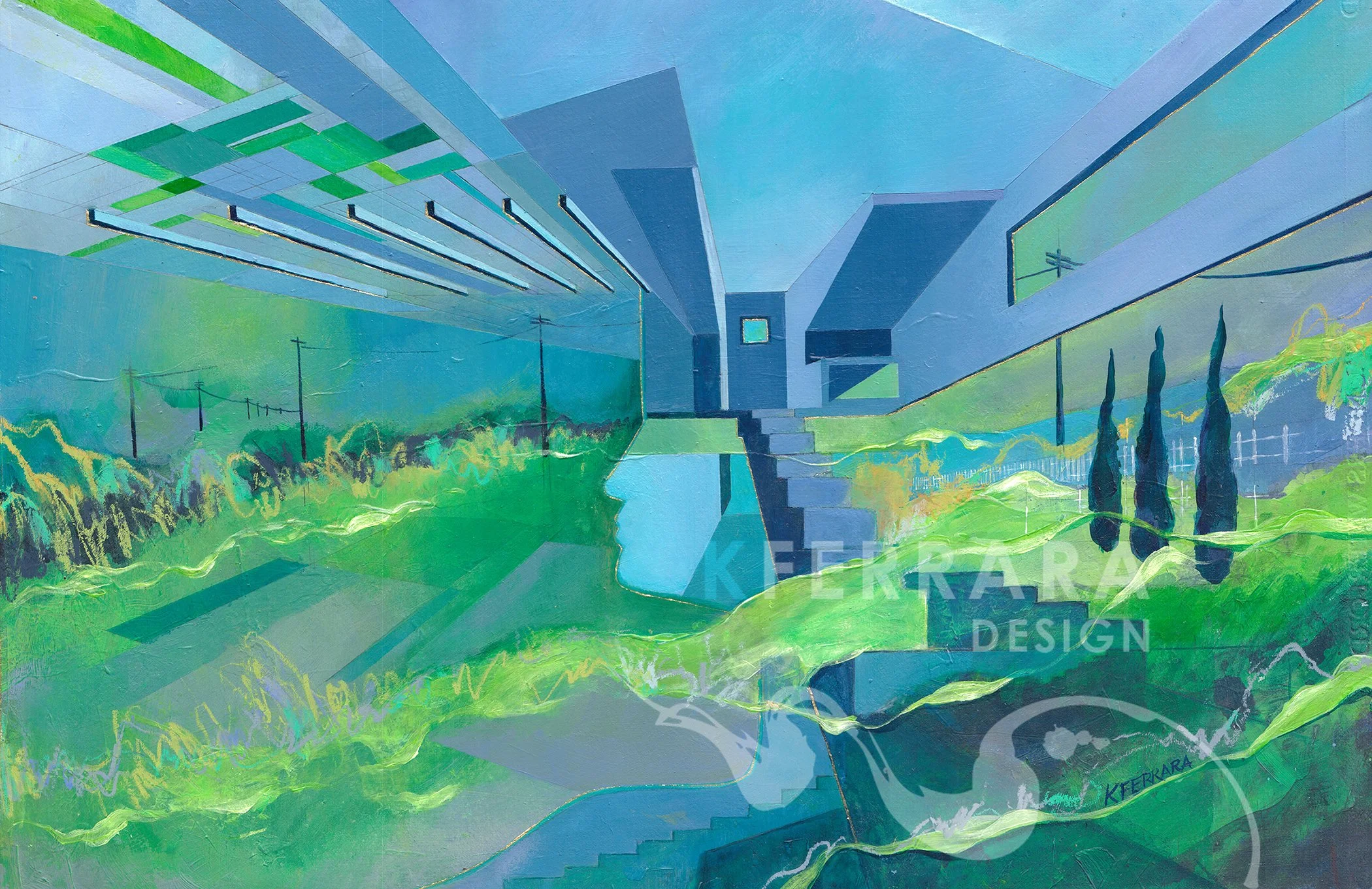 絵画 kiminoe G.green 2024 层层叠叠的色块交织成城市的节奏，冷色与暖色并置，如同理想与现实的